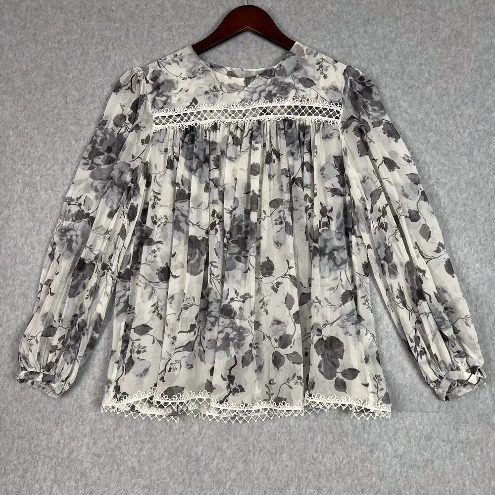 Zimmermann White Grey Floral Havoc Picot Silk Long Sleeve Blouse Size 3 - Picture 2 of 9